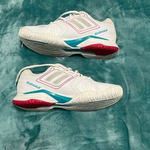 Babolat women’s white with blue and pink tennis shoes size 9